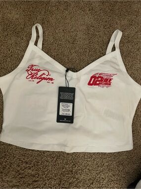 True Religion White Cropped Logo Cami with Red Graphics